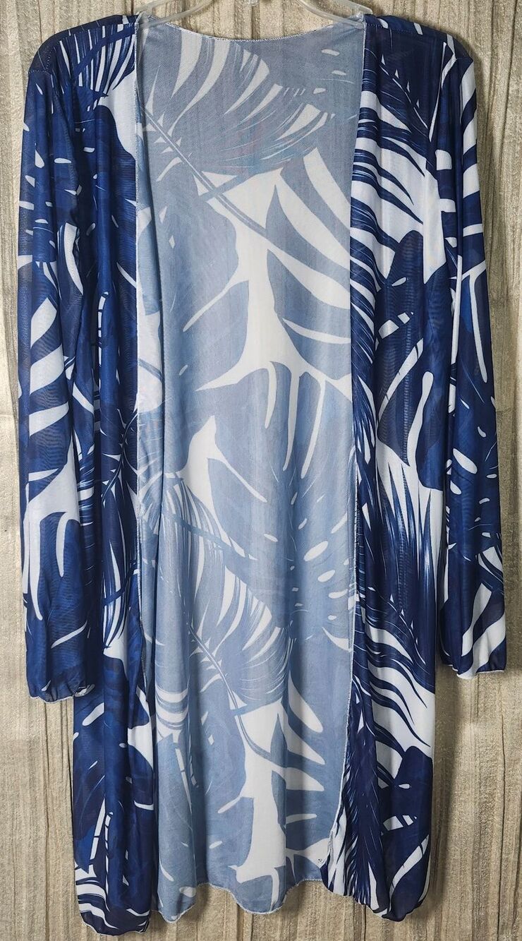 Blue White Tropical Palm Mesh Open Swim Cover Up XL Grecian Resort Boho Sheer